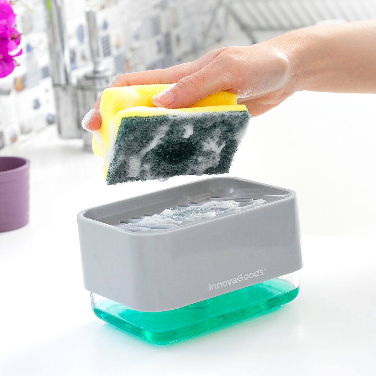 Dispensador de detergente 2 em 1 para lava-louça Pushoap InnovaGoods