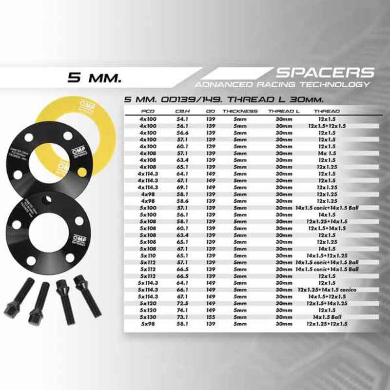 Conjunto de Espaçadores OMP 4x100 56,6 M12 x 1,5 5 mm