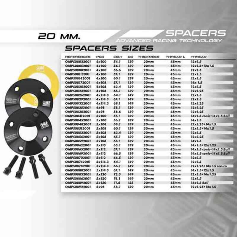 Conjunto de Espaçadores OMP 4 x 114 69,1 M12 x 1,25 20 mm