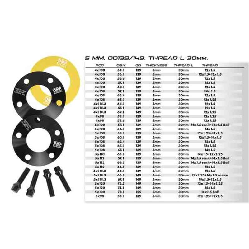 Conjunto de Espaçadores OMP 5x108 58,1 M12 x 1,25 + M14 x 1,5 20 mm