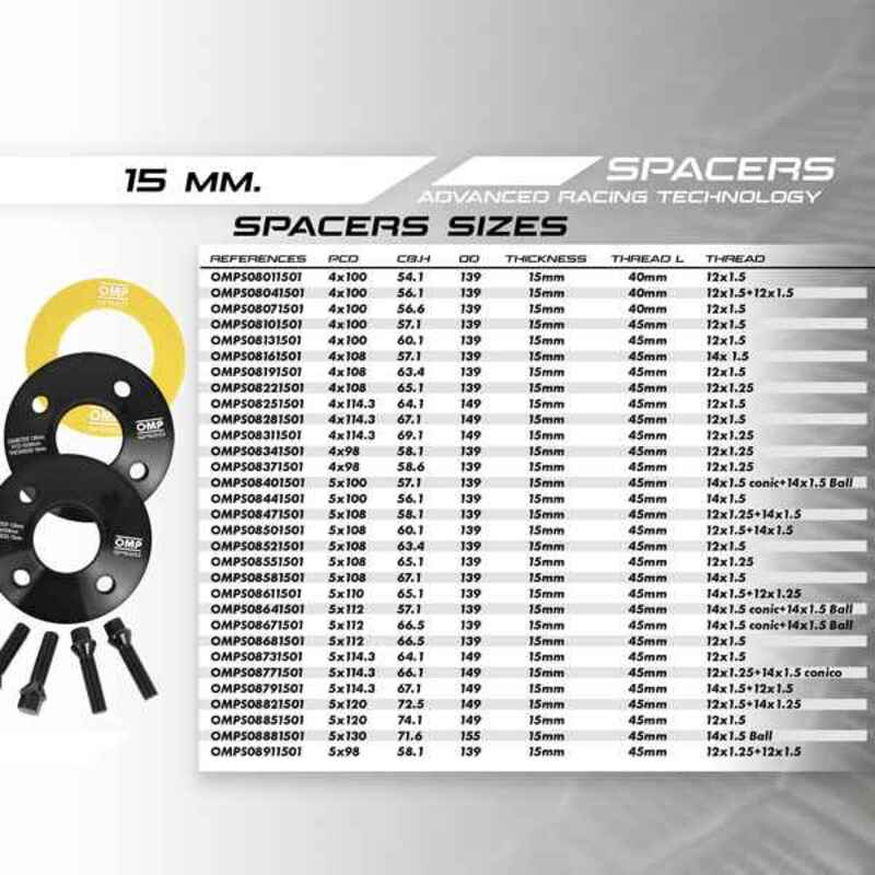 Conjunto de Divisores OMP 5 x 120 72,5 M12 x 1,50 + M14 x 1,25 15 mm